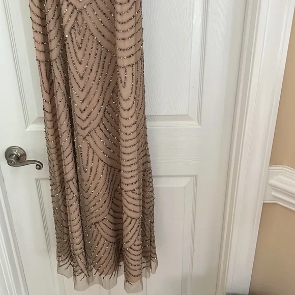 Adrianna Papell Art Deco Beaded Blouson Gown in Taupe Pink - Picture 6 of 9